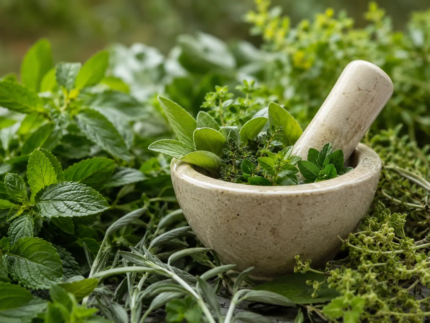 Mortero de cerámica rodeado de plantas y hojas naturales